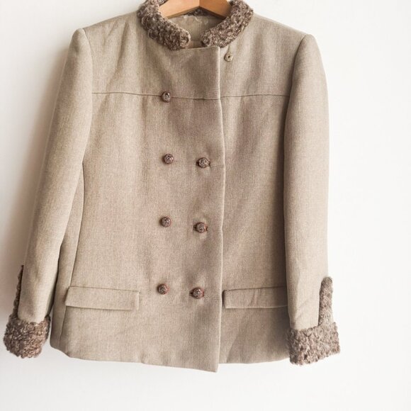 Vintage Katzman Light Beige Wool Fur Trim Winter Blazer Jacket Union Made S/M - Picture 2 of 13